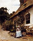 Claude Joseph Bail Woman Sewing In Front Of Her Cottage painting